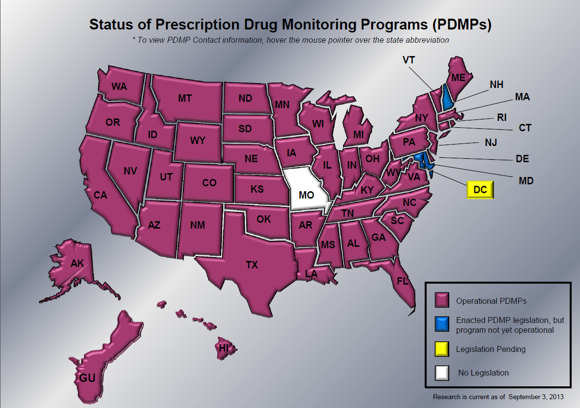 A map of the United States showing the status of prescription drug monitoring programs (PDMPS) in each state. The map is color-coded with each state represented by a different color. The states are labeled with their respective names such as Washington New York New Jersey California Oregon Nevada and New York City. <br /><br />The map also shows the locations of the PDMPs which are located in the eastern part of the country. The PDMP is located on the north side of the map near the state of New York. The state is marked with a red dot indicating that it is the most populous state in the US.<br /><br />There is also a legend on the right side of this map that explains the different colors used to represent the different programs. The colors used in the map are pink purple and blue and the text on the map provides additional information about the programs.