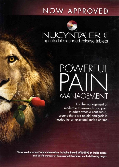 Titled "Powerful Pain Management" by NUCYNTA ER. It features a close-up of a lion's face with a red rose in its mouth. The lion's mane is a golden color and its eyes are a piercing yellow. The background is black and the title of the book is written in white text at the top of the cover. Below the title there is a subtitle that reads "Now Approved" in white text. The subtitle reads "Tapentadol extended-release tablets" in smaller text. At the bottom there are additional information.