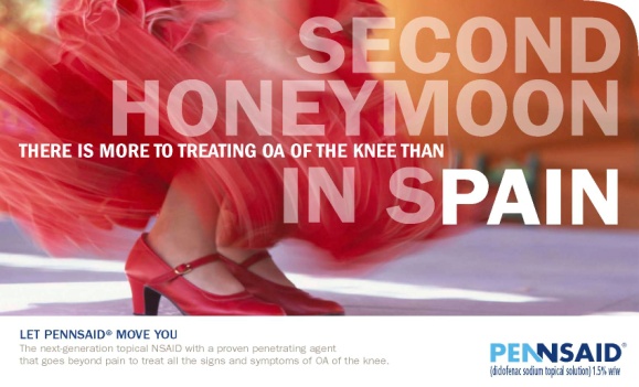 An advertisement for Pennsaid. The background is blurred but it appears to be an outdoor setting with trees and a blue sky. In the center of the image there is a close-up of a woman's legs wearing red high heels. The text on the image reads "Second Honeymoon: There is more to treating OA of the knee than in Spain." The text is in white and is in a bold sans-serif font. The Pennsaid logo is in the bottom right corner.