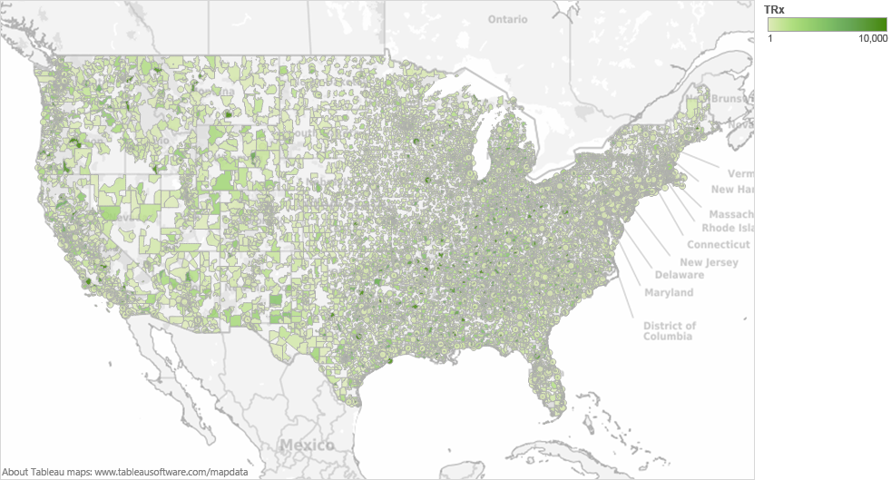 A map of the continental United States of America showing the number of TRx (Total Prescriptions) per 10000 people throughout the country. The map is color-coded with different shades of green - lighter shades representing fewer TRx and darker shades representing more TRx.