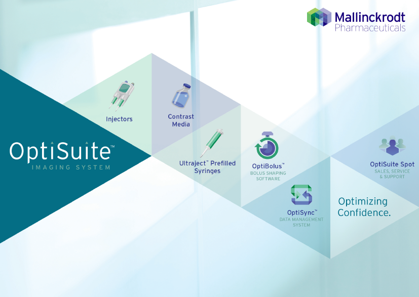 A graphic design that represents the OptiSuite Imaging System which is a medical imaging system used by Mallinckrodt Pharmaceuticals. The image is divided into four quadrants each representing a different aspect of the system.<br /><br />The first quadrant is labeled "Injectors" and has a blue and green color scheme. The second quadrant has a white background with a green and blue gradient. The third quadrant also has a green background with the words "Contrast Media" and "Ultraviolet Pre-Preferred Syringes" written in white. The fourth quadrant shows the company's logo which consists of a blue circle with a white arrow pointing to the right and the fifth quadrant displays the company name "Optimizing Confidence."<br /><br />Overall the image conveys the idea that the system is designed to provide a comprehensive and reliable solution for medical imaging.