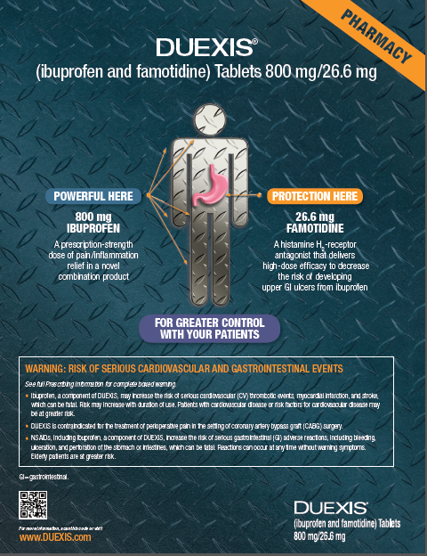 An advertisement for Duexis (ibuprofen and famotidine) tablets. An illustration shows how Duexis is "Powerful Here" (due to 800 mg of ibuprofen) and provides "Protection Here" (via 26.6 mg of famotidine) the combination allowing doctors to have "greater control with your patients". The background of the image is a dark blue diamond plate pattern.<br /><br />It includes a boxed warning beginning with "Warning: Risk of serious cardiovascular and gastrointestinal events." There is also a QR code at the bottom right corner leading to "www.duexis.com".