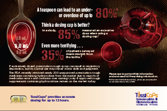 An advertisement for TussiCaps arguing that teaspoons dosing cups and medicine bottles provide inferior precision when dispensing dosages of liquid medicines. Conversely "TussiCaps provides accurate dosing for up to 12 hours" in pill form.