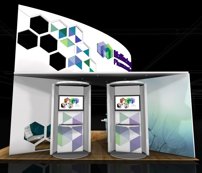 A trade show booth with a modern design. The booth has a white background with a geometric pattern of blue green and purple hexagons. On the left side of the booth there is a large banner with the words "Welcome to the Future" written in purple and blue. Below the banner there are two smaller banners with images of people and text. The booths are arranged in a triangular formation with the largest banner at the top and the smallest at the bottom. The overall design is eye-catching and modern with a focus on the geometric pattern.