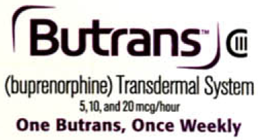 A logo for Butrans (buprenorphine) Transdermal System. The logo is written in black and purple text on a white background. The text reads "Butrans" in a bold sans-serif font. Below the text there is a smaller text that reads "5 10 and 20 mcg/hour" in smaller black font. The words "One Butrans Once Weekly" are written in a smaller font size below the text. The overall design of the logo is simple and modern.