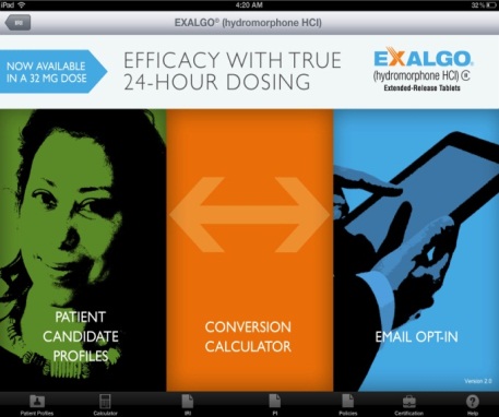 A screenshot of the homepage of the Exalgo Hydromorphone HCI website. The top of the page has a blue header with the company's logo and the text "Efficacy with true 24-hour dosing". Below the header there is an image of a woman's face with the words "Patient Candidate Profiles" and "Conversion Calculator" above it. <br /><br />On the right side of the image there are two images - one of a person holding a tablet and the other of an email opt-in. The tablet is blue and the email opt in is orange. The background is white.<br /><br />The image also has a banner at the top that reads "Now available in a 32 mg dose" and a button that says "Exalgo" at the bottom. The overall design of the website is modern and professional.