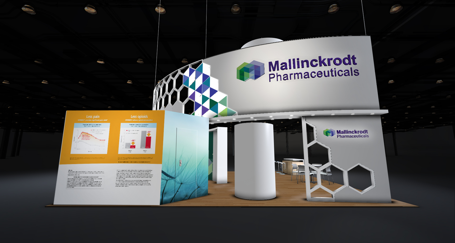 A 3D rendering of a trade show booth for Mallinckrodt Pharmaceuticals. The booth is white with a colorful geometric design on the top and sides. The logo of the company is prominently displayed on the right side of the booth. On the left side there is a large banner with information about the company's products and services. The banner also has a colorful illustration of a plant and a graph. The background is dark and the booth is set up in a large room with high ceilings and large windows.