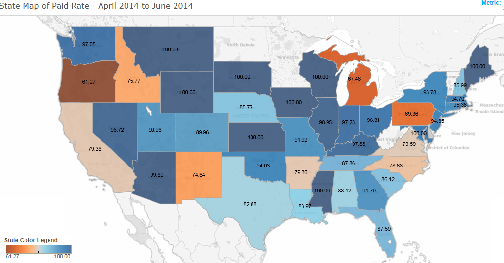 A map of the United States showing the state of paid rate from April 2014 to June 2014. The map is color-coded with each state represented by a different color - blue orange and light blue. The states are arranged in a grid-like pattern with the blue states on the left the orange states in the middle and the light blue ones on the right.<br /><br />The map also shows the percentage of paid rates in each state ranging from 0.5% to 100%. The blue states have a higher percentage of the paid rate while the orange state has a lower percentage. The orange states also have a lower rate with a higher rate of 100%.<br /><br />Overall the map shows that the state has the highest paid rate in April 2014 with some states having the lowest paid rate and others having the least paid rate.