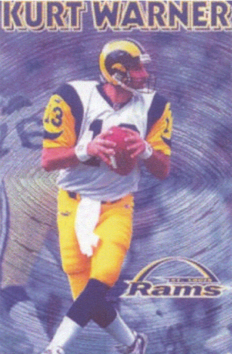 A photograph of Kurt Warner a professional American football player for the St. Louis Rams. He is wearing his uniform consisting of a white jersey yellow pants blue socks and a blue and yellow helmet (with the iconic "curling horns"). He is holding a football in both of his hands. The background is a blue and white gradient with the Rams logo at the bottom right corner.