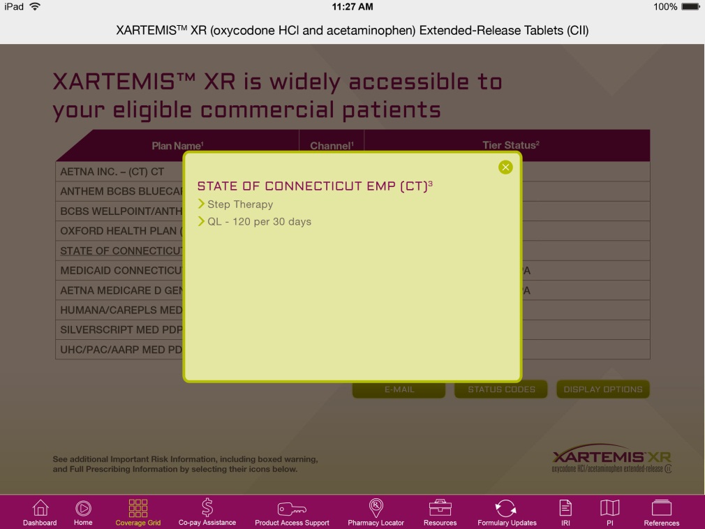 A webpage on the Xartemis XR website with the title "Xartemis XR is widely accessible to your eligible commercial patients". A pop-up window says "State of Connecticut EMP (CT)3 -- Step Therapy -- QL - 120 per 3 days". <br /><br />There is a menu bar at the bottom indicating that this webpage is found in the Coverage Grid tab.