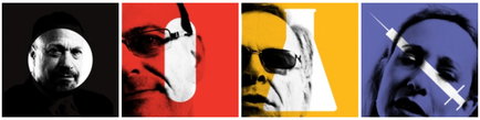 A collage of four different portraits of men. The portraits are arranged in a square formation with each portrait facing the same direction. The first portrait on the left is a black and white portrait of a man with a serious expression on his face. He is wearing a suit and tie and appears to be in his late 40s or early 50s. The background is a solid red color. In the center of the image there is a large white letter "A" in the shape of a triangle. The letter is slightly tilted to the right creating a sense of depth and dimension. The man's face is not visible in the image. - The second portrait in the middle is a close-up of a person's face with their eyes closed and their mouth slightly open as if they are deep in thought. The third portrait is in the center with a yellow background and a black outline. The fourth portrait is on the right side of the collage with the same person's head and neck visible. The person's hair is styled in a messy yet fashionable manner.
