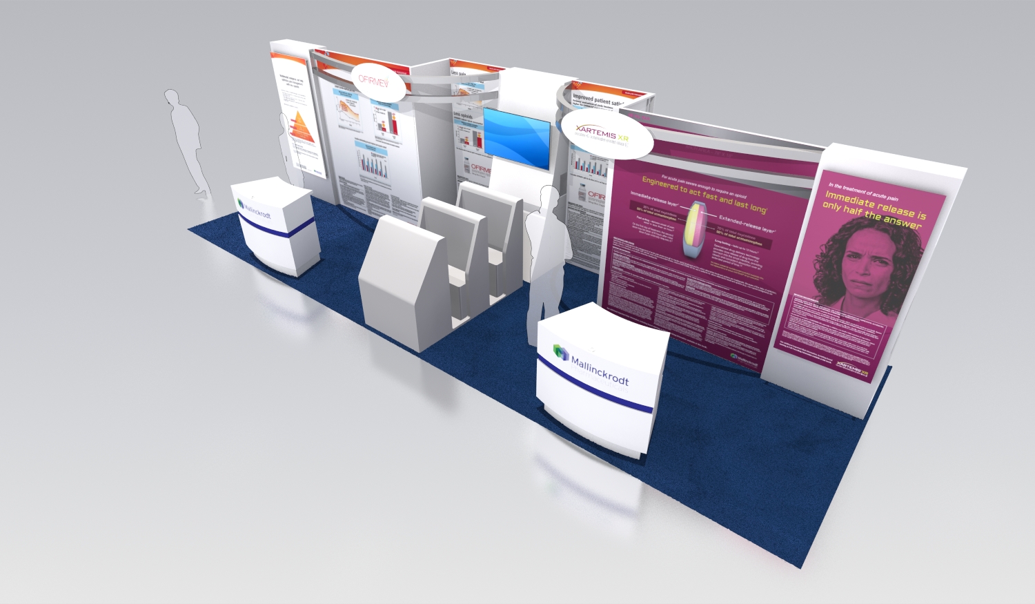 A 3D rendering of a trade show booth with a blue carpeted floor. The booth is divided into three sections each with a different design and color scheme. On the left side of the booth there are three white boxes with a logo on the front and on the right side there is a large banner with a pink and purple design. The banner has a picture of a woman's face and text that reads "Welcome to the trade show". There are also several smaller white boxes scattered around the booth. The background is white and the overall design is modern and professional.