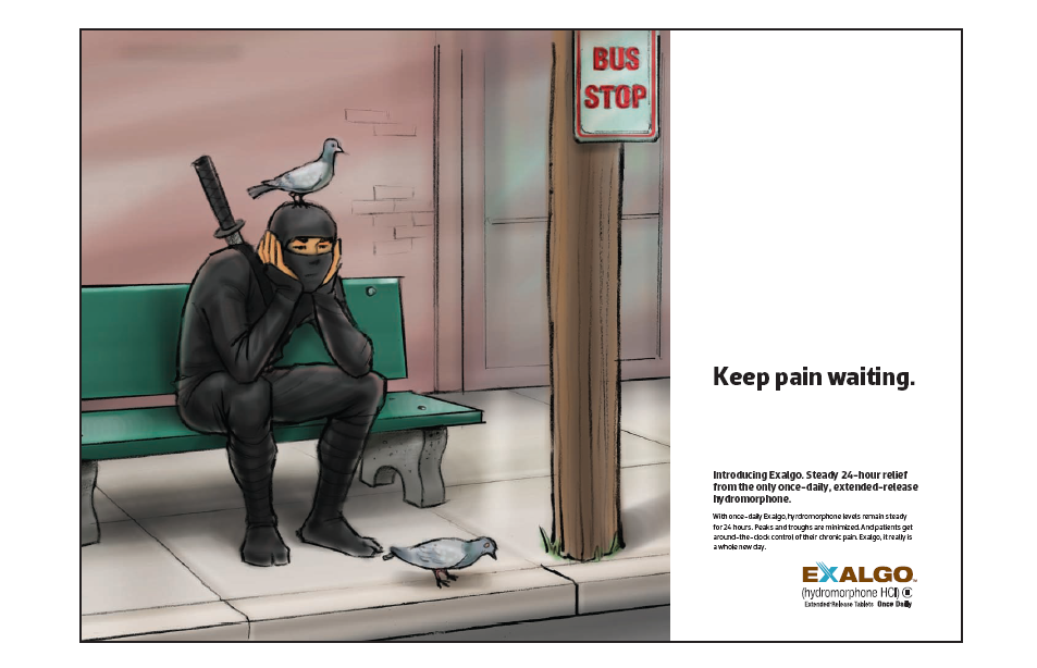 A cartoon illustration of a person sitting on a green bench at a bus stop. The person is wearing a black mask and is holding a gun in their right hand. They are sitting on the bench with their left hand resting on their chin. There is a pigeon perched on the armrest of the bench next to them. The background shows a bus door and a sign that reads "BUS STOP". The text on the right side of the image reads "Keep pain waiting."