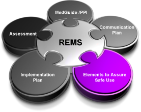 A circular puzzle piece with the word "REMS" in the center. Around the puzzle piece there are six smaller pieces arranged in a circular pattern. Each piece has a label on it that reads "Assessment" "Communication Plan" "Implementation Plan" and "Elements to Assure Safe Use". The puzzle pieces are black and purple in color. The background is white.