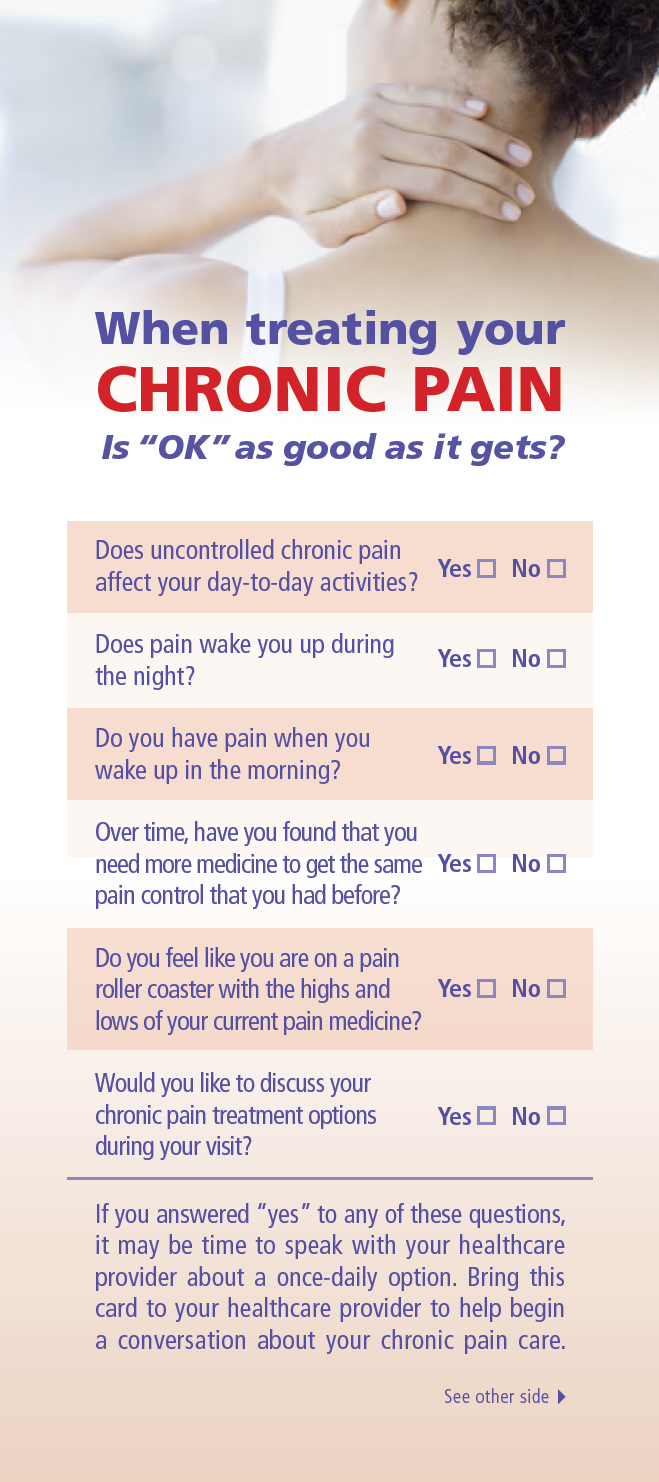 An infographic that explains how to treat chronic pain. It has a white background with a blue header and footer. The header reads "When treating your CHRONIC PAIN is "OK" as good as it gets?" Below the header there is a question that reads "Does uncontrolled chronic pain affect your day-to-day activities? Does pain wake you up during the night?" <br /><br />The body of a person with their back to the camera with their hand resting on their neck. The person appears to be in pain with a concerned expression on their face.<br /><br />Below the question there are six questions that ask the viewer to consider when treating their chronic pain such as "Yes" and "No." The questions are:<br /><br />- Does you have pain when you wake up in the morning?<br />- Over time have you found that you need more medicine to get the same pain control that you had before?<br /><br />At the bottom of the infographic it says "Would you like to discuss your chronic pain treatment options?"<br />- If you answered "Yes to any of these questions it may be time to speak with your healthcare provider to help begin a conversation about your pain care."<br /><br />Overall the infographic is designed to provide information on how to manage chronic pain and how it can affect one's health.