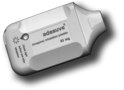 A black and white photograph of a white device with the brand name "adasuve" written on it. The device appears to be an inhalation powder as indicated by the text on the front of the device. The text reads "loraine (inhalation powder) 10 mg". There is also a small button on the top left corner that says "Check light before and after". The device is rectangular in shape and has a curved shape. The background is black making the device stand out.