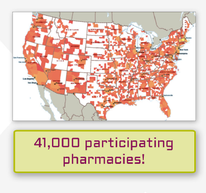 A map of the United States showing the percentage of participating pharmacies in each state. The map is color-coded with the majority of the states in orange and the majority in red. The states are outlined in black with each state having a different color - red orange and white. The red states represent the number of pharmacies while the orange states indicate the percentage.<br /><br />At the bottom of the image there is a yellow banner with the text "41000 participating pharmacies!" in black text. The background of the map is white and the text is in a bold sans-serif font.