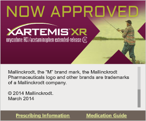 A cover page of a prescription guide for Xartemis XR a pharmaceutical company. The background of the page is a maroon color with the company's logo and text in white. The text reads "NOW APPROVED" in bold capital letters. Below the logo there is a smaller text that reads "oxycodone HCI/acetaminophen extended-release" in smaller white letters. <br /><br />On the right side of the image there are two images of a man fishing on a lake. The man is wearing a plaid shirt jeans and a hat and is holding a fishing rod in his right hand. He is standing on the shore of the lake and the water is calm and still.<br /><br />At the bottom of the cover page it reads "Mallinckrodt the "M" brand mark the Mallinckrodt Pharmaceuticals logo and other brands are trademarks of a Mallinckrodt company. 2014 Mallinckrodt. March 2014. Prescribing Information and Medication Guide."