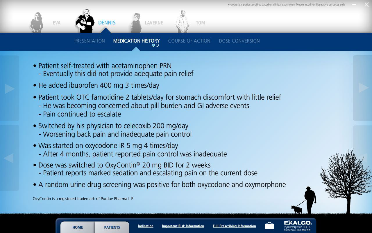 A screenshot of a presentation slide from a medical history course. The slide is titled "Presentation: Medication History Course of Action: Dose Conversion". The slide has a blue background with white text. At the top of the slide there is a title that reads "Patient self-treated with acetaminophen PRN - Eventually this did not provide adequate pain relief". Below the title there are three bullet points that explain the course's purpose.<br /><br />The first bullet point explains that the patient took OTC (Oxycodone) tablets for stomach discomfort with little relief. The second bullet point mentions that the treatment was performed by a physician who was diagnosed with the condition. The third bullet point discusses the treatment and how it was used to treat the condition and the fourth bullet point provides information about the treatment. <br /><br />At the bottom right corner of the page there has a logo for Exalgo a company that provides medical information. There is also a small illustration of a person walking a dog on a leash.