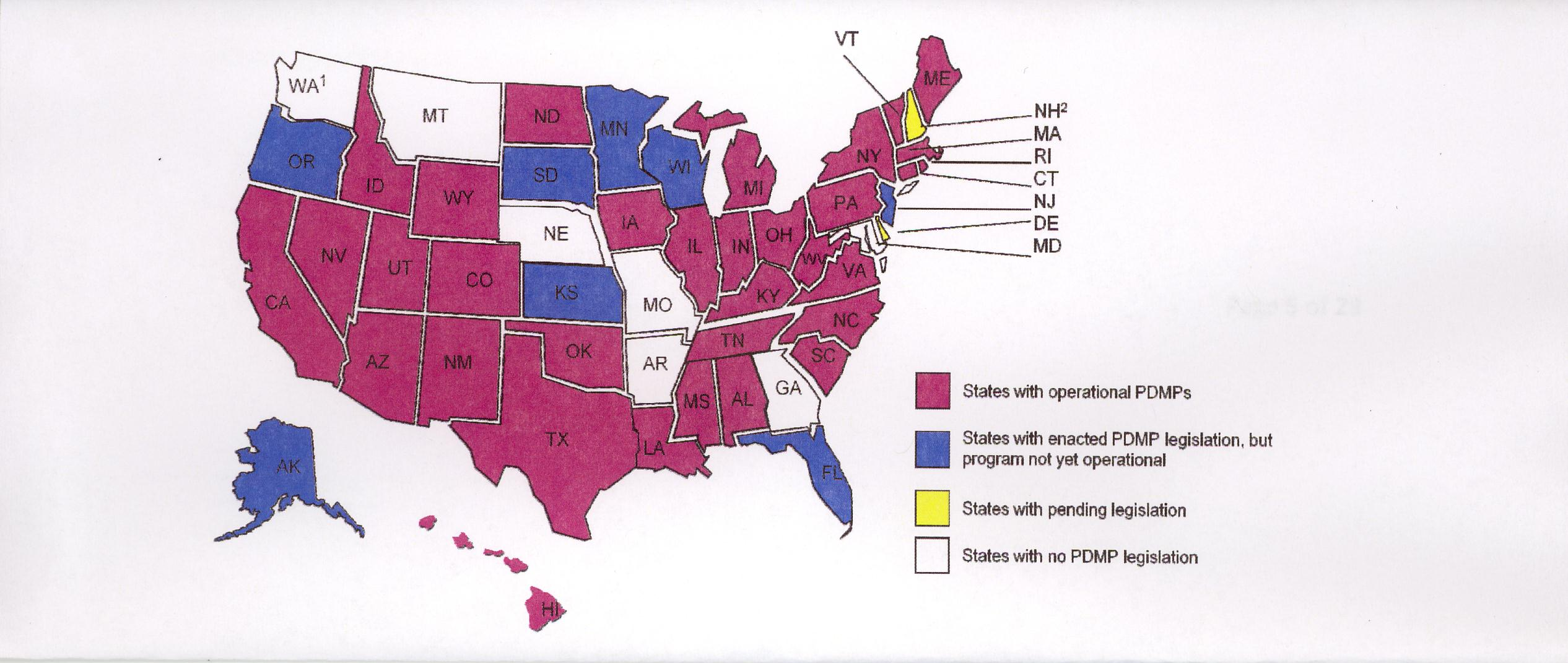 A color coded map of the United States of America showing States with operational PDMPs (35 states) in purple States with enacted PDMP legislation but program not yet operational (7 states) in blue states with no PDMP legislation (7 states) in white and states with pending legislation (Vermont) in yellow. It is not dated and does not specify the source of its information.