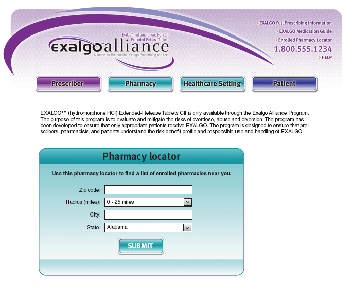 A screenshot of the Exalgo Alliance Pharmacy Locator page. The page has a purple and white color scheme with the company's logo at the top. Below the logo there is a form with fields for the user to enter their name address phone number and email address. <br /><br />At the bottom of the form there are two buttons - "Prescriber" and "Pharmacy". The "Healthcare Setting" button is highlighted indicating that the user is in the process of setting up the pharmacy locator. The "Patient" button has a field for the patient's name and phone number.<br /><br />There is also a button to submit the form. The form also has a text field for users to enter a zip code and a field to find a list of enrolled pharmacies near you. The text field is blank but there are no other fields to be filled out.