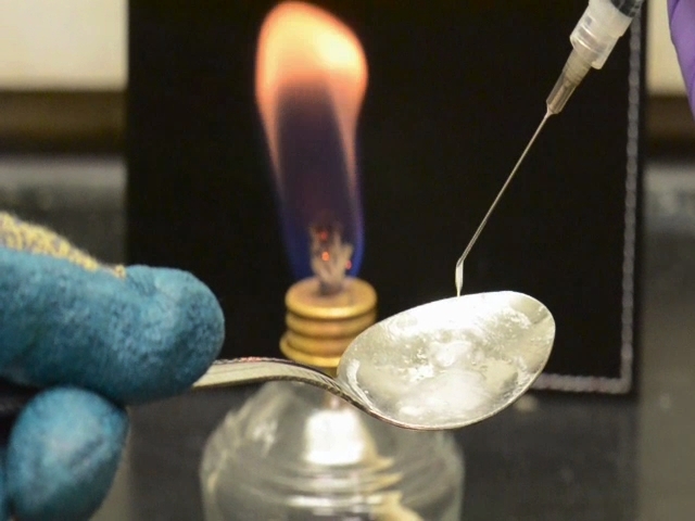 A person's hand wearing a blue glove holding a silver spoon with a dropper attached to it. The dropper is being used to drop a small amount of liquid into the spoon. In the background there is a small light bulb with a flame coming out of it which is placed on a black surface. The background is blurred but it appears to be a laboratory setting.