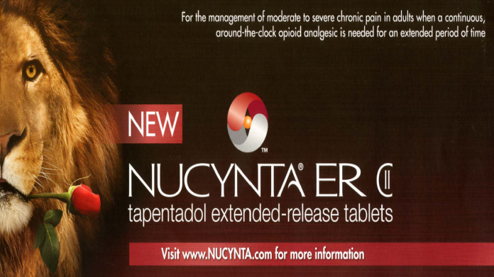 An advertisement for NUCYNTA ER (Tapentadol extended-release tablets) for adults. The background of the image is black and on the left side there is a close-up of a lion's face with a red rose in its mouth. The lion's mane is golden and its eyes are looking directly at the viewer. On the right side the logo of the company is in red and white with the text "For the management of moderate to severe chronic pain in adults when a continuous around-the-clock opioid analgesic is needed for an extended period of time" above it. Below the logo the website "Visit www.NUCYNTA.com for more information" is written in white text.