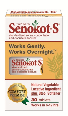 A product packaging of Senokot-S tablets. The packaging is rectangular in shape and has a white background with orange and yellow accents. The top of the packaging has the brand name "Senokot S" written in bold red letters followed by the product name "Works Gently. Works Overnight" in smaller red letters. Below that there is a description of the product which states that it is standardized senna concentrate and docusate sodium. <br /><br />The bottom of the package has a label that reads "Natural Vegetable Laxative Ingredient Plus Stool Softener" and "30 Tablets Works in 6-12 hrs". The label also mentions that the product is purified and comes in a pack of 30 tablets. There is also a logo of a green leaf on the bottom right corner.