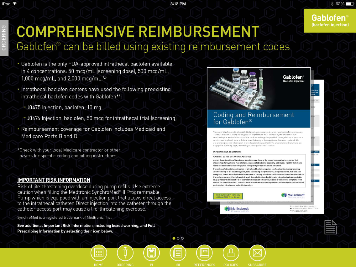 A screenshot of the homepage of a website called "Gablofen". The website has a black background with white text. On the left side of the page there is a title that reads "Comprehensive Reimbursement" in bold capital letters. Below the title there are two bullet points that explain the benefits of the website. <br /><br />The first bullet point explains that the website can be billed using existing reimbursement codes. The second bullet point mentions that the code is compatible with the following prerequisites:<br /><br />- 1000 mg/ml 2000 ml and 1500 mg/mL.<br />- 3000 mL and 2500 mL.<br /><br />There is also an image of a vial of the same code on the right side which is displayed on a white background. The vial is filled with a clear liquid and has a label that says "Coding and Reimbursement for Gablofen".<br /><br />At the bottom of the image there has a brief description of the code which states that it is an important risk information for the website and provides information on how to use it. There are also several icons on the page that provide additional information about the website's features and benefits.