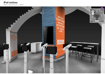 A 3D rendering of an iPad station. The station is located in a room with a gray carpeted floor and a white archway on the left side. On the right side of the image there is a large orange and blue banner with the words "Motor Symptoms Impact Activities of Daily Life" written in bold white letters. Below the banner there are several white kiosks with screens displaying information about the station's services. There are also several black bar stools in front of the kiosks. The overall design of the station is modern and minimalist.