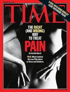 The cover of an issue of Time magazine. The cover features a black and white photograph of a woman's back with her hands covering her lower back. The woman appears to be in pain with tears streaming down her face. The background is dark and the title of the magazine is written in bold white letters at the top of the cover. Below the title there is a subtitle that reads "The right (and wrong) way to treat pain" in smaller white letters. The magazine's logo is also visible in the bottom right corner.