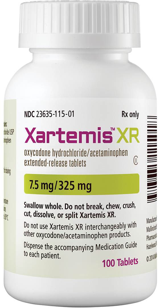 A photograph of a white medicine bottle with a green label. The label has the brand name "Xartemis XR" written in bold black letters at the top followed by the product name "NDC 233635-115-01" in smaller black letters. Below that there is a description of the product which states that it is an oxycodone hydrochloride/acetaminophen extended-release tablets. The product is 7.5 mg/325 mg and is available for purchase at a discounted price of 100 tablet <br /><br />The label also says "Swallow whole do not break chew crush cut dissolve or split Xartemis xR. Do not use Xartemis XR interchangeably with other Oxycodone/acetaminophen products. Dispense the accompanying medication guide to each patient." There is also a barcode on the right side of the label.