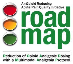 A logo for an Opioid Reducing Acute Pain Quality Initiative. The logo is a green road map with the word "Road Map" written in white capital letters. On the left side of the road map there are three circles of different colors - red orange and green. The red circle is on the top left corner the orange circle is in the middle and the green circle is at the bottom right corner. The circles are arranged in a diagonal line with the red circle on the left and the orange and green circles on the right. The text below the circles reads "Reduction of Opioids Analgesic Dosing with a Multimodal Analgesic Protocol". The background of the image is white.