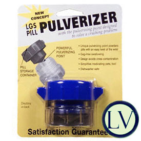 Of a product packaging for a new concept LGS Pulverizer. The packaging is yellow in color and has a picture of the product on the front. The product is a pill storage container with a blue lid. The container is made of plastic and has an image of a pill on the top left corner. On the top right corner there is text that reads "New Concept LGS PULVERIZER" and "Powerful Pulverizing Point". Below the text there are instructions on how to use the product. The bottom right corner of the packaging has a logo that says "Satisfaction Guarantee".