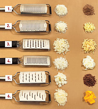 A collection of six stainless steel graters arranged in a grid-like pattern on a beige background. The graters are of different sizes and shapes with the largest grater at the top and the smallest at the bottom. Each grater has a black handle and a silver body with a textured surface. <br /><br />There are six graters in total arranged in two rows and three columns. The first row has a grater on the left side the second row has grater in the middle and the third row has two graters on the right side.<br /><br />The graters appear to be made of stainless steel and have small holes on the sides for grating. There are also a few grated cheese scattered around the graters some of which are white and some are yellow. There is also a small pile of black sesame seeds on the bottom right corner of the image.