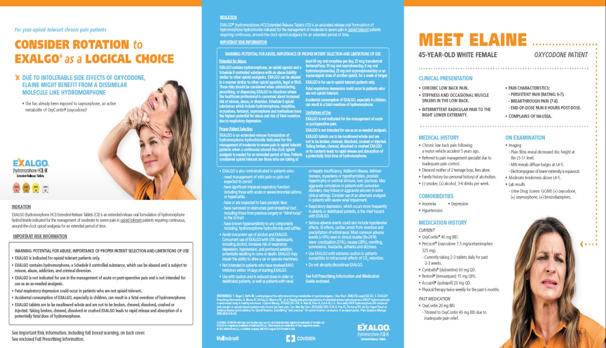 A brochure or flyer for Exalgo with the tagline "Consider rotation to EXALGO as a logical choice for your opioid-tolerant chronic pain patients". It includes a clinical presentations for Elaine a hypothetical pain patient who has been prescribed oxycodone. There are also sections for Indications Important Risk Information boxed warnings etc. The background is white and blue with text in multiple colors. It includes 2 photographs of Elaine - 1 where she is grimacing and 1 where she is smiling.