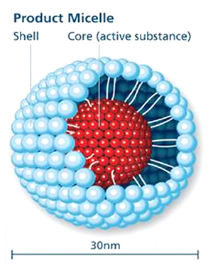 A cross-section of a product micelle shell which is a type of cell membrane. The shell is made up of a cluster of small round blue spheres that are arranged in a circular pattern. In the center of the shell there is a large red sphere that appears to be the nucleus of the product. The red sphere is surrounded by smaller white spheres that form a ring around it. The outermost sphere is filled with a thin white line that runs through it representing the core of the active substance. The core is 30mm in diameter. The image is labeled with the words "Product Micelle Shell" and "Core (active substance)".