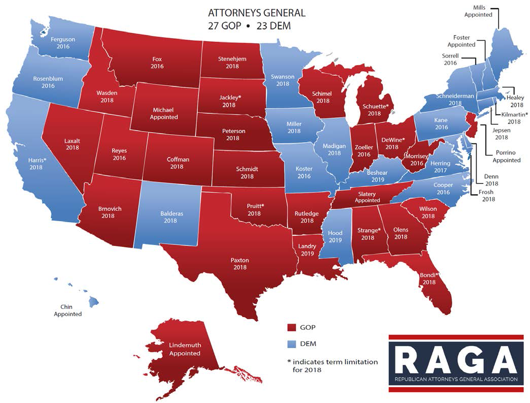 A map of the United States showing the political affiliations of the attorneys general for each state. Red states have Republican attorneys general and blue states have Democratic attorneys general.<br /><br />There is also a legend on the right side of the map that explains that the map is from the RAGA (Republican Association of America) website.