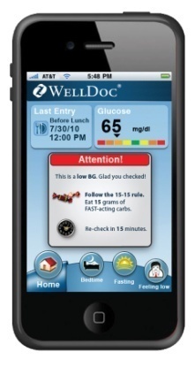 A screenshot of a mobile phone screen from the WellDoc app. The screen displays the results of a glucose test. The top of the screen has the app's logo and the time "5:48 PM" at the top. Below the logo there is a message that reads "Last Entry: Before Lunch: 7/30/10 12:00 PM". <br /><br />Below the message there are three icons - "Home" "Bedtime" "Fasting" and "Feeling Low". The first icon is a red heart with the text "Attention!" and the second icon is an orange heart with text that says "Follow the 15-15 rule. Eat 15 grams of fast-acting carbs. Re-check in 15 minutes."<br /><br />The third icon is the "Home" icon which is a blue circle with a white arrow pointing to the right. The text is in white and is in a larger font size than the rest of the text. The background of the app is black.