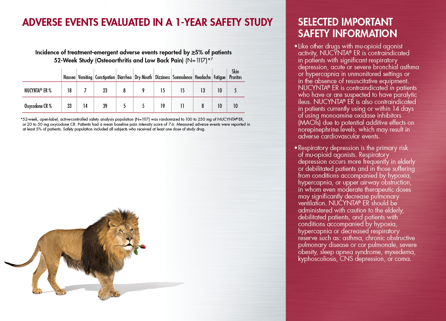 A slide from a safety study titled "Adverse Events Evaluated in a 1-Year Safety Study". The slide has a red background with white text. On the left side of the slide there is an illustration of a lion standing on all fours with its head turned to the side. The lion is holding a red rose in its mouth and appears to be looking towards the viewer. <br /><br />The slide also has a table with columns for the date time and location of adverse events as well as a list of recommended safety information. The table is divided into two columns with the first column listing the date and time of the event and the second column providing additional information about the event.<br /><br />On the right side there are two bullet points that explain the importance of safety information in the safety study. The first bullet point lists the date of the adverse events and the location while the last bullet point provides further details about the safety measures taken to ensure that the event is safe and secure.