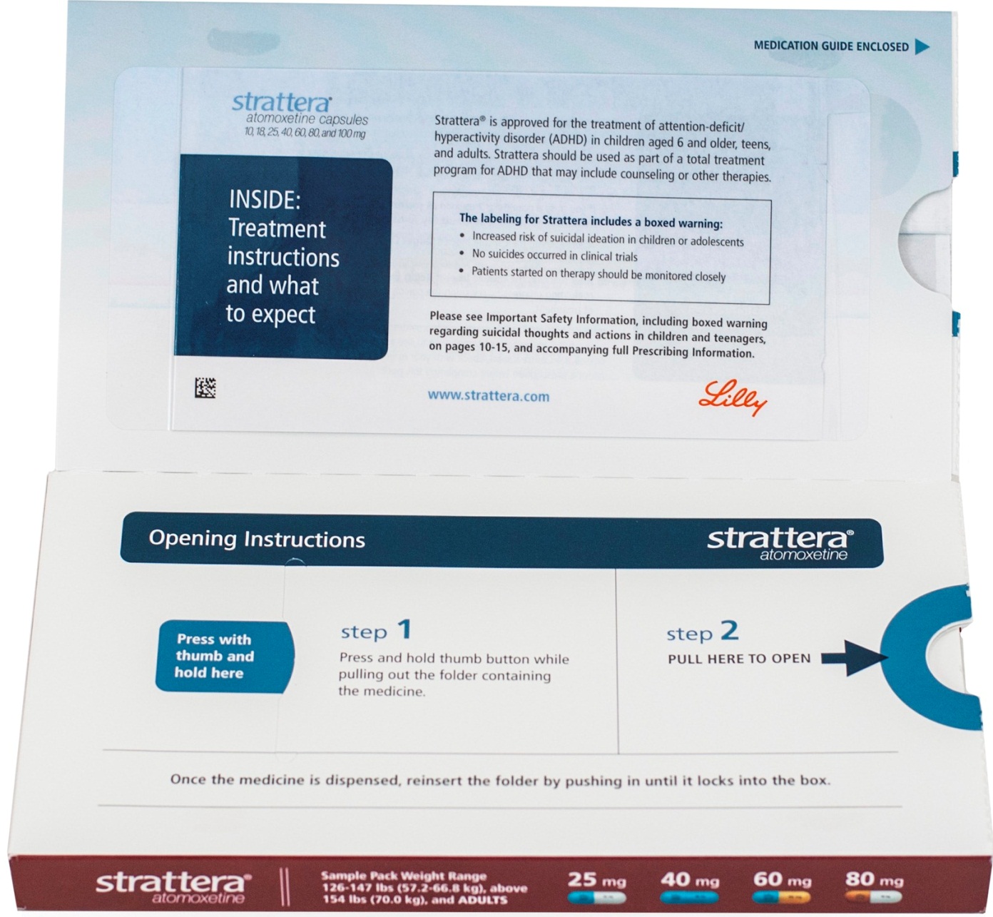 A photograph of a box of Strattera medication. The box is open and the contents are visible. The top of the box has a blue and white label with the brand name "Strattera" written in bold black letters. Below the label there is a description of the medication which states that it is an inside treatment instructions and what to expect. <br /><br />The box also has an opening instructions section on the left side which explains how to press with the thumb and press the button to open the box. On the right side there are instructions on how to pull the box open. The instructions are written in black text on a white background.<br /><br />At the bottom of the image there has a label that reads "Once the medicine is dispensed rinse the folder by pushing it until it locks into the box." There is also a blue arrow pointing to the right indicating that the box can be opened to access the medication.