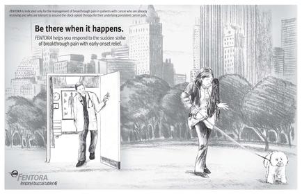 A black and white illustration of a man walking a dog on a leash in a park. The man is wearing a suit and tie and appears to be in his late twenties or early thirties. He is standing in front of a large open door with a clock on it. The door is open and the man is looking at the clock with a concerned expression on his face. In the background there are tall buildings and trees. The text above the door reads "Be there when it happens. mentor helps you respond to the sudden strike of breakthrough pain with early onset relief."