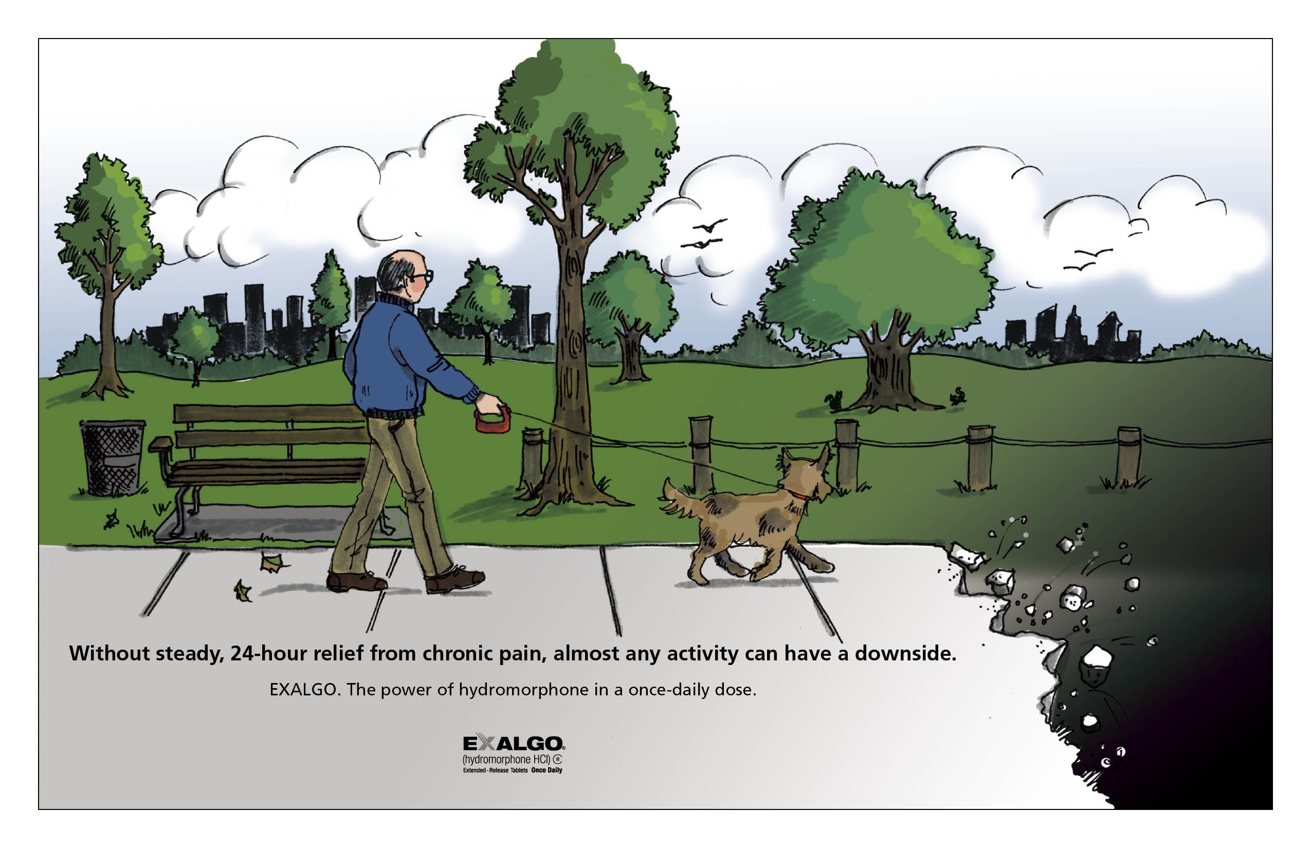 A cartoon illustration of a man walking his dog in a park. The man is wearing a blue jacket pants and glasses and is holding a red leash attached to the dog's collar. The dog is brown and is walking on a leash. The park is filled with trees and there is a bench on the left side of the image. In the background there are buildings and a body of water. The sky is blue with white clouds. The text on the image reads "Without steady 24-hour relief from chronic pain almost any activity can have a downside."