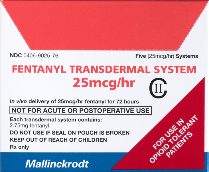 A product label for a Fentanyl Transdermal System. The label is rectangular in shape and has a red and white color scheme. The top of the label has the brand name "Mallinckrodt" written in bold black letters. Below that there is a description of the product which states that it is in vivo delivery of 25mg/hr fentanyl for 72 hours. <br /><br />The label also mentions that the product contains two transdermal systems one for acute or postoperative use and the other for use in opioid tolerant patients. The text on the label states that the system contains 2.75mg fentanyl and that it one should not use it if the seal on the pouch is broken.<br /><br />There is also a note on the bottom right corner that says "Keep out of reach of children. Rx only."