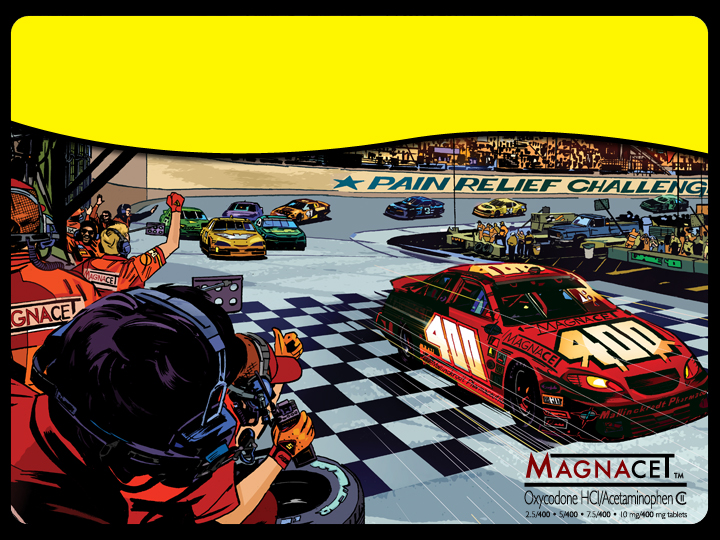 An illustration of a race track with a red car in the center. The car is a NASCAR car with the number 400 on it and the words "Pain Relief Challenge" written on the side. The track is surrounded by a crowd of spectators and there are several other cars on the track. On the left side of the image there is a person wearing a red racing suit and a helmet holding a camera and taking a photo of the car. The background shows a large crowd of people cheering and waving flags. The image is in a cartoon-like style with bright colors and exaggerated features. The word "Magnacet" is written in bold letters at the bottom right corner.