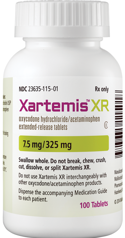 A photograph of a white medicine bottle with a green label. The label has the brand name "Xartemis XR" written in bold black letters at the top followed by "NDC 233635-115-01" in smaller black letters. Below that there is a description of the product which states that it is an oxycodone hydrochloride/acetaminophen extended-release tablets. The supplement is 7.5 mg/325 mg and is available for purchase at a discounted price of 100 tablets. <br /><br />The label also mentions that one should "Swallow whole. Do not break chew crush cut dissolve or split Xartemis XR interchangeably with other Oxycodone/Acetaminophen products. Dispense the accompanying medication guide to each patient." There is also a barcode on the right side of the label.