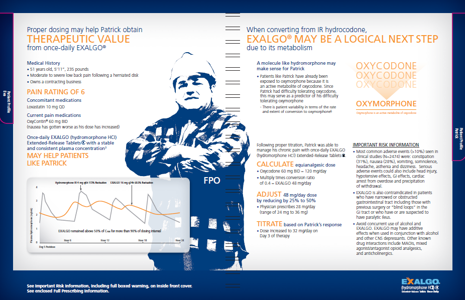 An infographic that explains the benefits of using Exalgo. It has a blue background with white text. On the left side of the image there is a line graph that shows the pain rating of 6 patients. The graph is divided into three sections.<br /><br />The first section is titled "Pain Rating of 6" and has a title that reads "Exalgo may be a logical next step". Below the title there are three bullet points that explain the benefits. The first bullet point explains that the pain rate of 6 is higher than the other three. The second bullet point states that the treatment may be more effective than the treatment. The third bullet point says "Calculate" and "Adjust".<br /><br />At the bottom of the infographic there has a logo for the company "EXALGO" and a brief description of the product. The overall design is simple and modern with a focus on the product and its benefits.