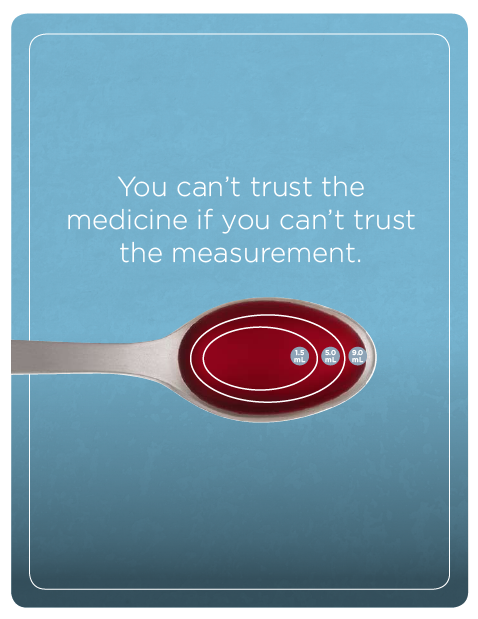 A square graphic with a blue background. In the center there is a silver spoon with a red liquid inside it. The text above the spoon reads "You can't trust the medicine if you can't. Trust the measurement." The text is written in white and is in a modern sans-serif font. The overall design is simple and minimalistic.