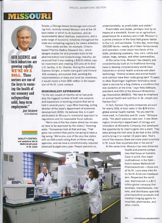 A page from a magazine article titled "Missouri Special Advertising Section". The page is divided into two sections. On the left side of the page there is a photo of a man in a lab coat and a woman in a white lab coat standing in front of a laboratory counter. The man is smiling and appears to be in his late 40s or early 50s. The woman is standing next to him and is looking at the camera.<br /><br />On the right side there are two smaller photos of the same man and woman in lab coats. They are both smiling and appear to be working in the laboratory. The laboratory counter is filled with various scientific equipment and equipment including a microscope a beaker and a test tube. There are also several other laboratory equipment scattered around the room. The text on the page is in black and white and is in a larger font size than the rest of the text.