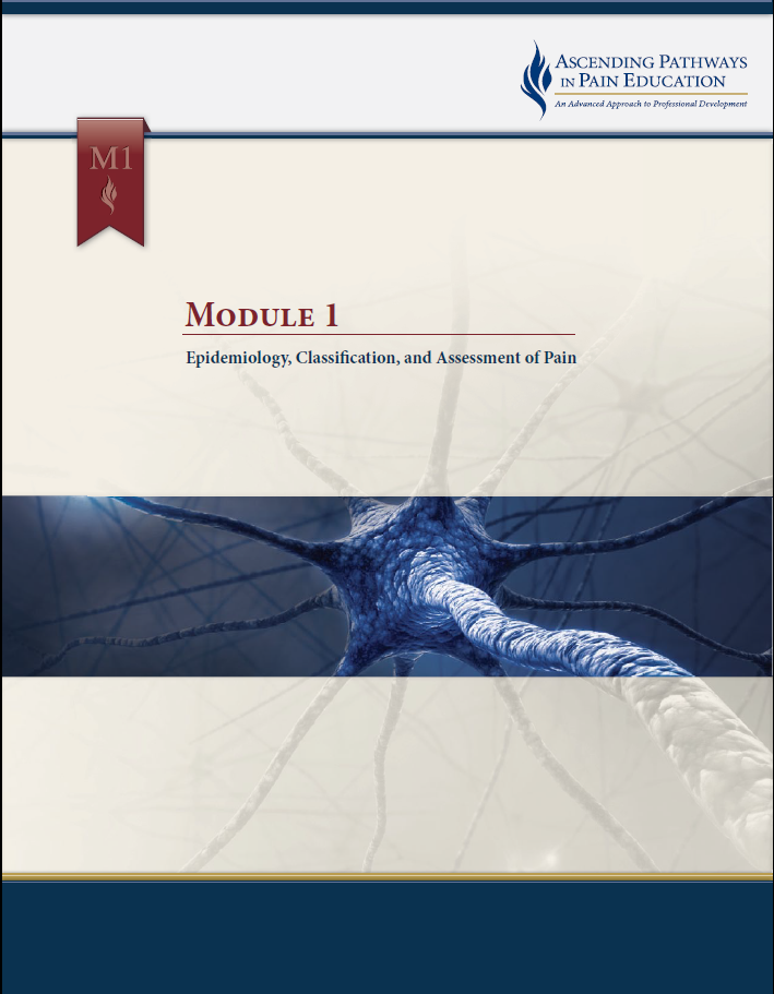 A cover page of a book titled "Module 1: Epidemiology Classification and Assessment of Pain". The cover page has a blue background with a white border. In the center of the page there is an illustration of a blue neuron with white lines radiating outwards from it. The neuron appears to be in motion as if it is interacting with the viewer. The title of the book is written in bold white letters at the top with the subtitle "Ascending Pathways in Pain Education" written in smaller white letters below. "M1" is written on the top right corner.